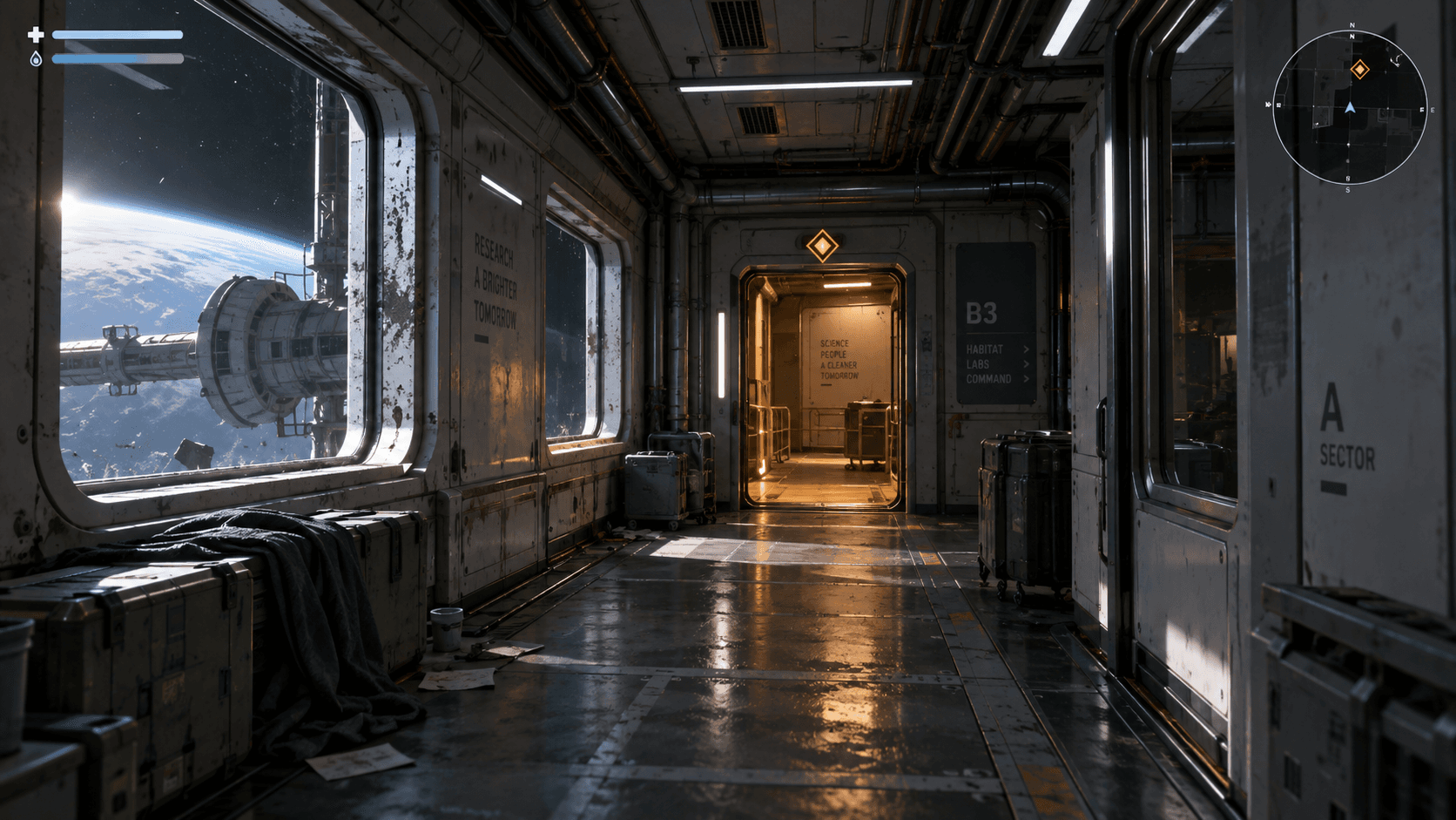 First-person view down a space station corridor toward an illuminated objective doorway, with the game HUD visible
